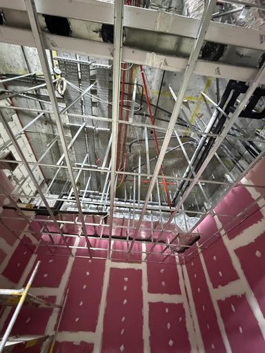 Ceiling framing and building services inside a commercial property